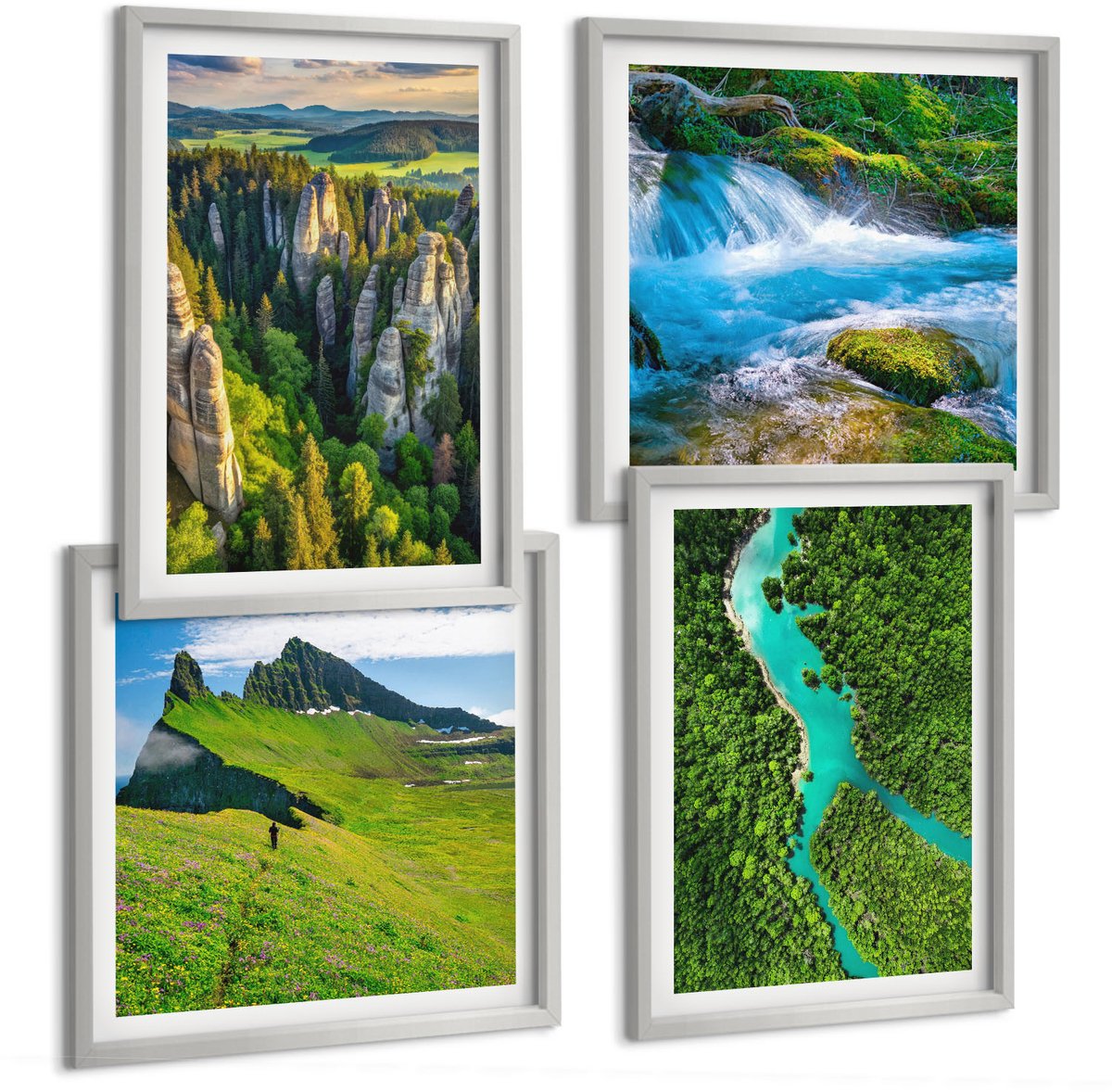 Coloray 4-Delige Schilderij Set - Groene Berglandschappen Met Rivier En Rotsen - 40 x 40 cm En 40 x 60 cm - Schilderijen Set - Wanddecoratie - Woonkamer - Decoratieve Schilderijen