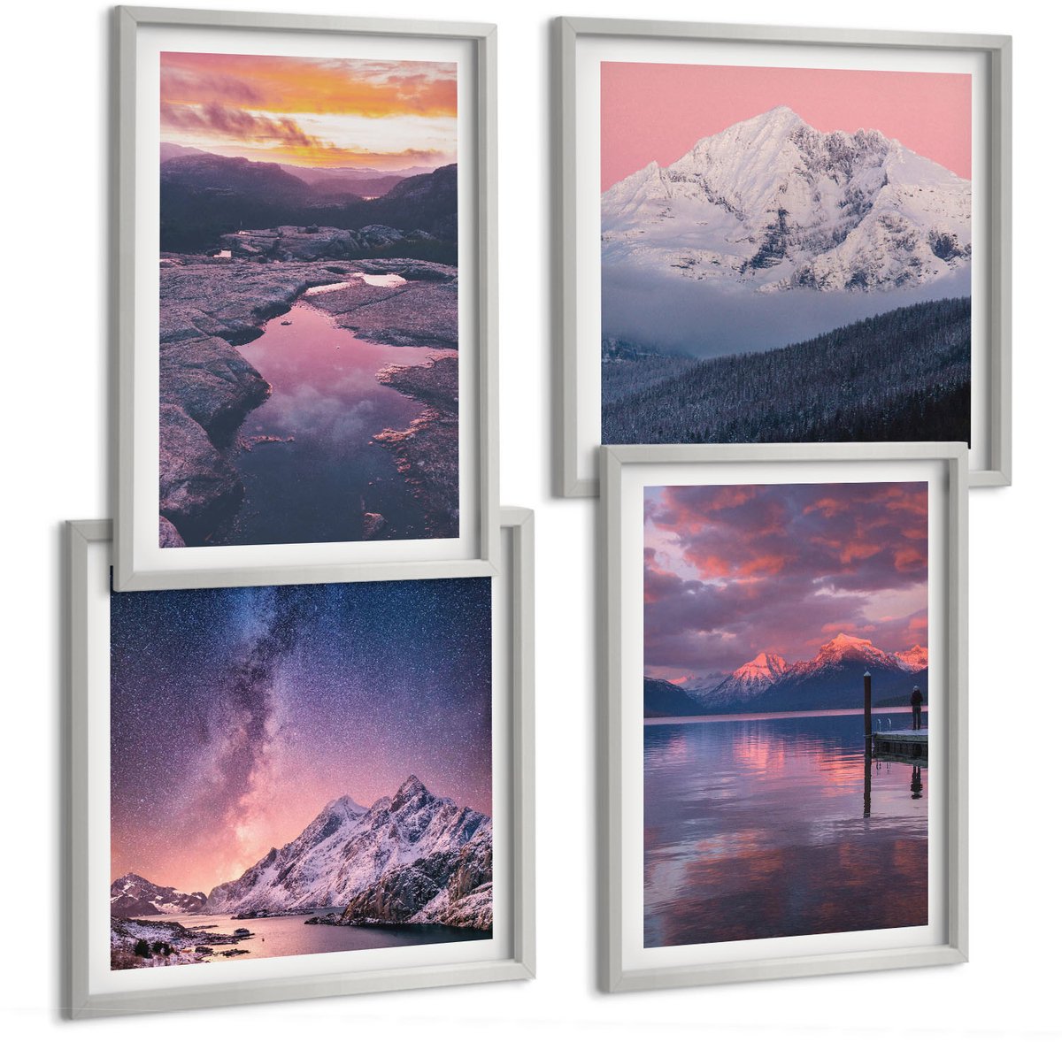 Coloray 4-Delige Schilderij Set - Bergen En Water In Prachtige Natuurlijke Landschappen - 40 x 40 cm En 40 x 60 cm - Wanddecoratie - Schilderijen Set - Kantoor - Woonkamer Decoratie