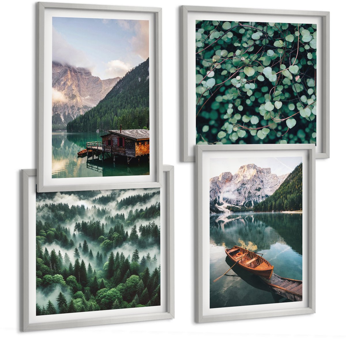 Coloray 4-Delige Schilderij Set - Berglandschap Met Een Meer, Een Boot En Een Bos In De Mist. - 40 x 40 cm En 40 x 60 cm - Wanddecoratie - Moderne Interieurdecoratie - Woonkamer Decoratie