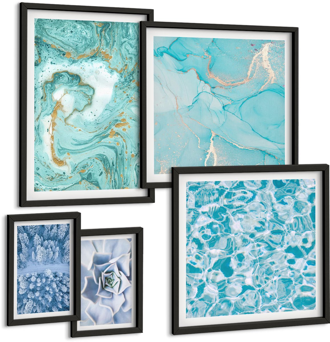Coloray 5-Delige Schilderij Set - Stijlvolle Accenten In Turquoise En Blauwe Tinten. - 50 x 50 cm, 20 x 30 cm En 40 x 60 cm - Wanddecoratie - Schilderijen Set - Kantoor - Woonkamer Decoratie Zwarte lijst