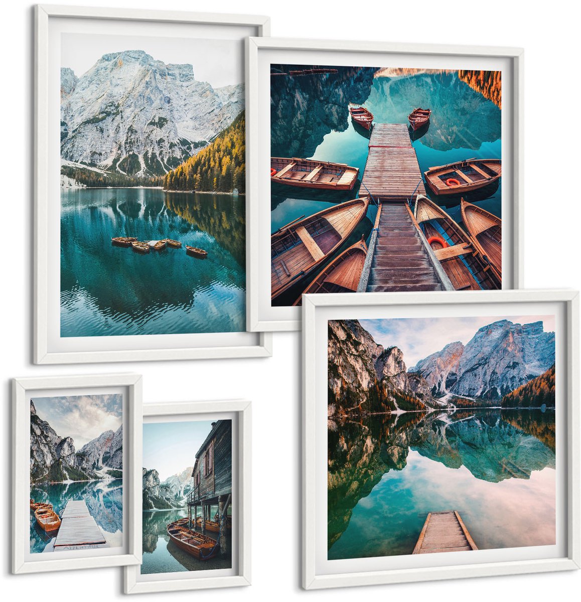 Coloray 5-Delige Schilderij Set - Bergmeren Met Houten Boten In Een Natuurlijke Stijl - 50 x 50 cm, 20 x 30 cm En 40 x 60 cm - Muurdecoratie - Wanddecoratie - Slaapkamer - Decoratieve Schilderijen