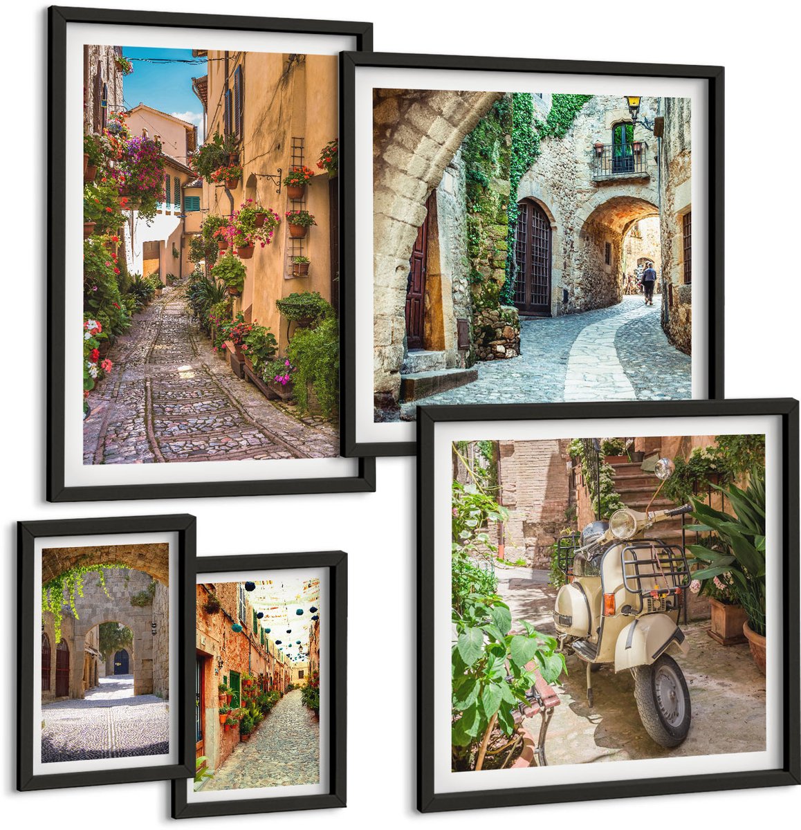 Coloray 5-Delige Schilderij Set - Sfeervolle Straatjes Met Bloemen In Italiaanse En Mediterrane Stijl. - 50 x 50 cm, 20 x 30 cm En 40 x 60 cm - Moderne Wanddecoratie - Woonkamer - Stijlvolle Muurdecoratie Zwarte lijst