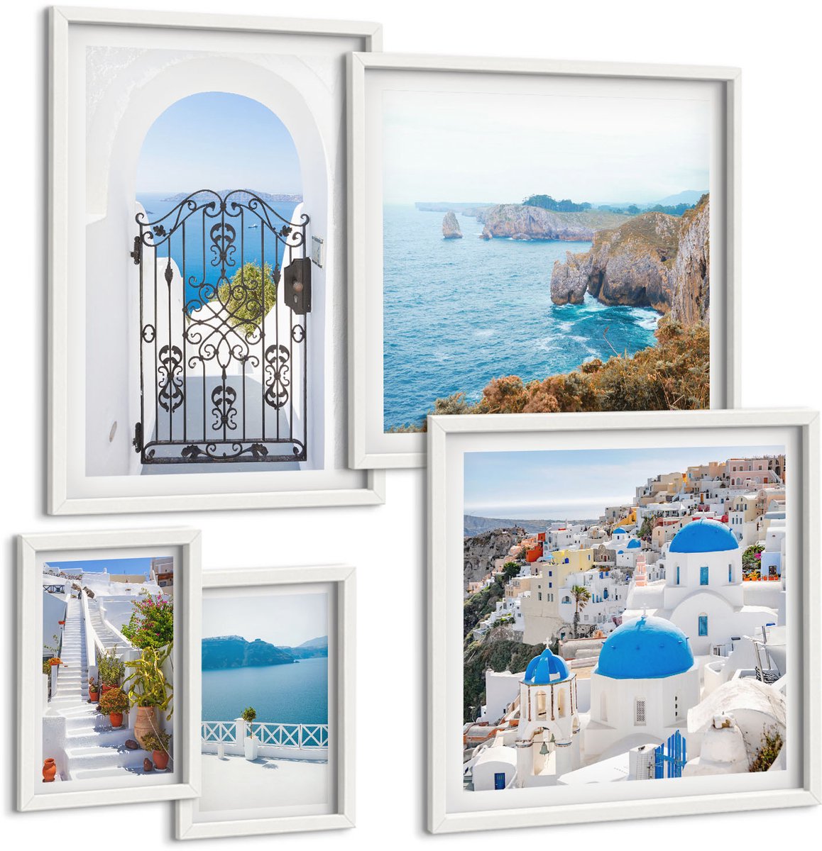 Coloray 5-Delige Schilderij Set - Uitzicht Op Santorini: De Blauwe Zee En De Witte Huizen. - 50 x 50 cm, 20 x 30 cm En 40 x 60 cm - Decoratieve Schilderijen - Wanddecoratie - Hal - Stijlvolle Muurdecoratie