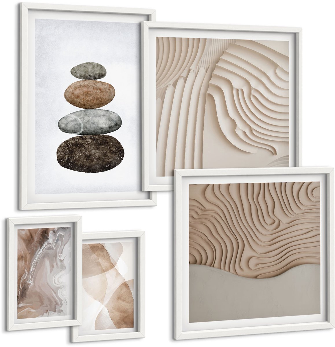 Coloray 5-Delige Schilderij Set - Abstracte Vormen, Geschilderde Structuren In Pastelkleuren. - 50 x 50 cm, 20 x 30 cm En 40 x 60 cm - Stijlvolle Muurdecoratie - Slaapkamer