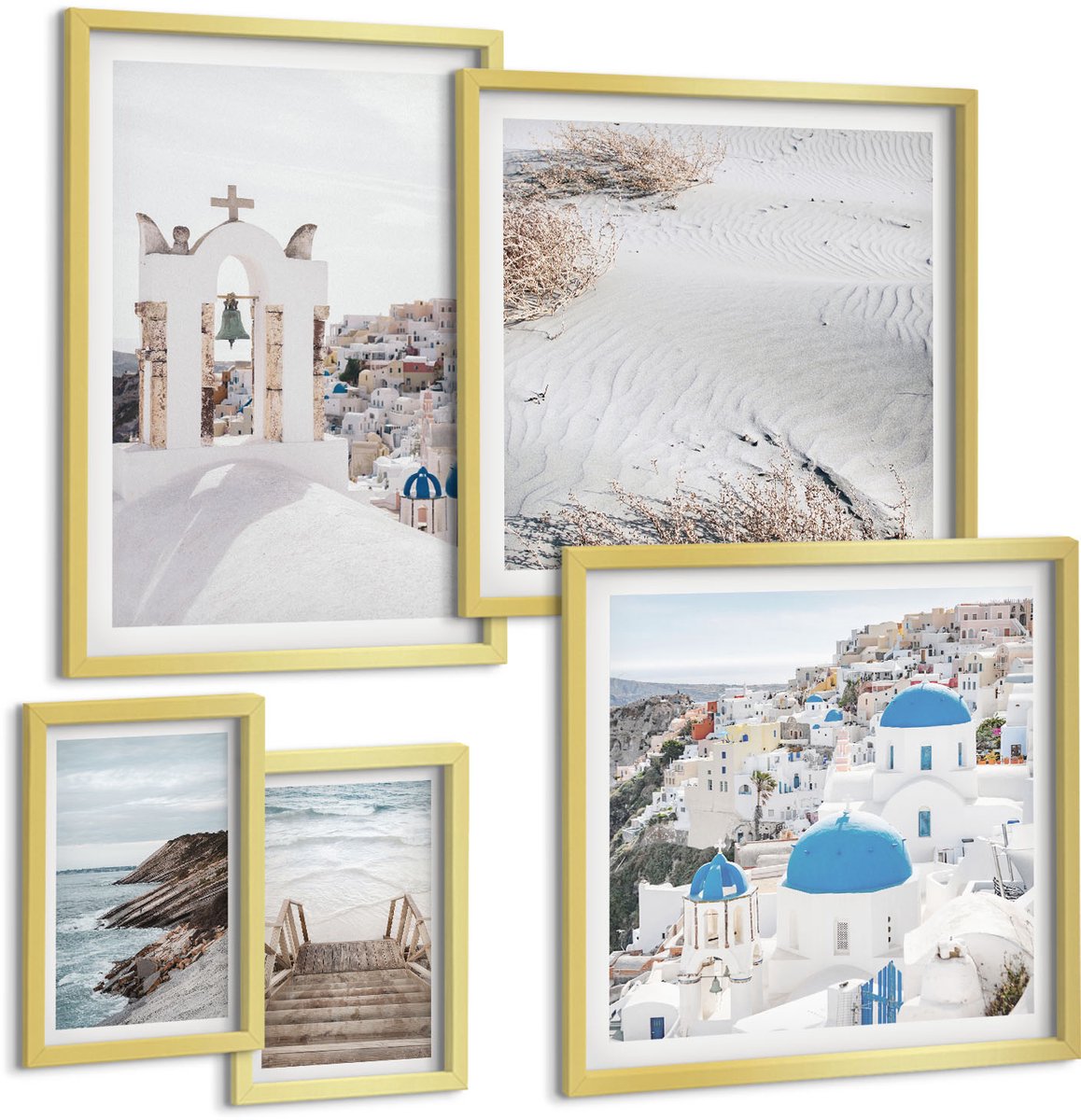 Coloray 5-Delige Schilderij Set - Witte Landschappen En Pittoreske Uitzichten Van Griekenland - 50 x 50 cm, 20 x 30 cm En 40 x 60 cm - Moderne Wanddecoratie - Woonkamer