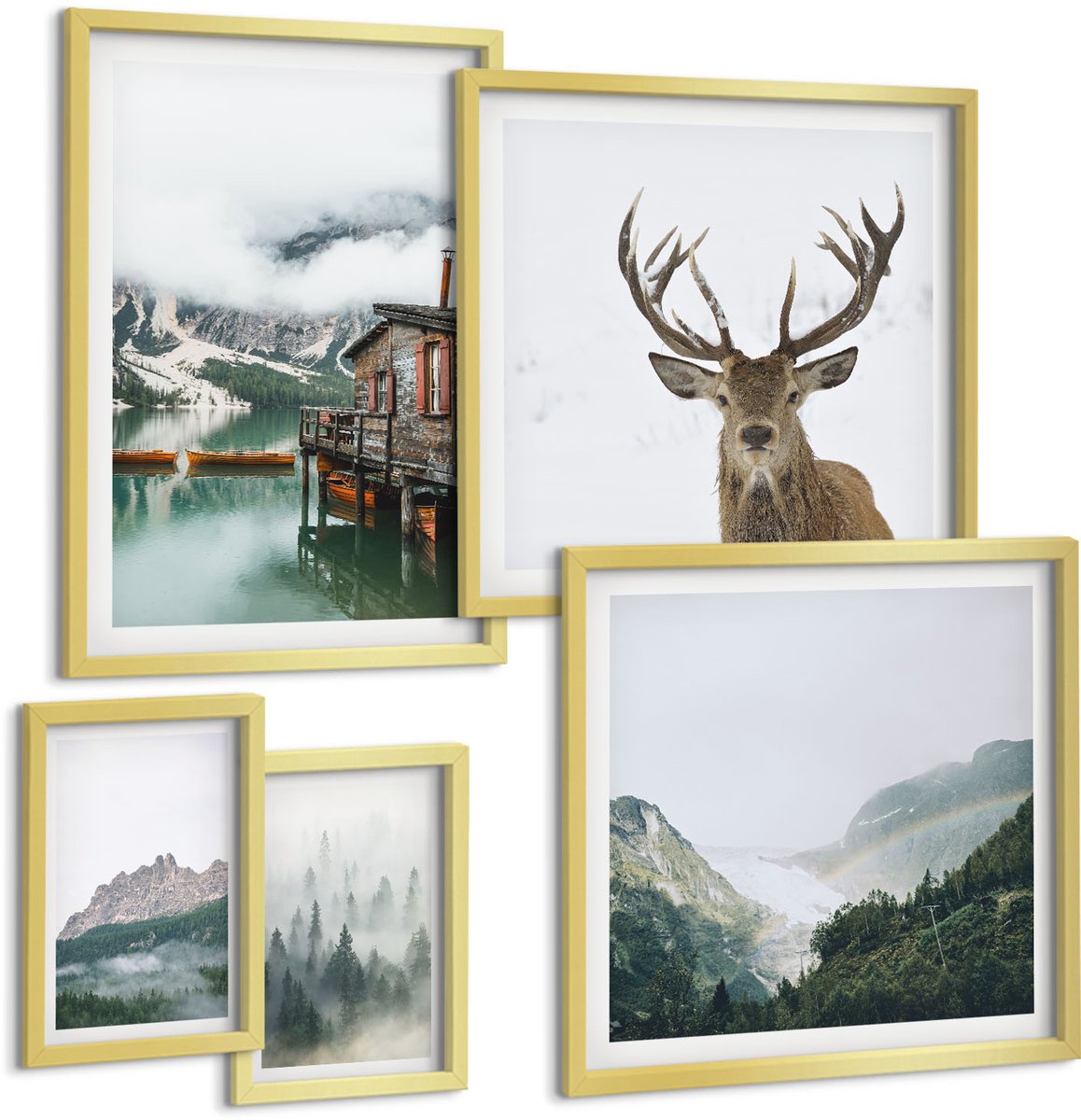 Coloray 5-Delige Schilderij Set - Berglandschappen Met Wilde Dieren En Een Meer - 50 x 50 cm, 20 x 30 cm En 40 x 60 cm - Decoratieve Schilderijen - Woonkamer - Interieur - Woonkamer Decoratie