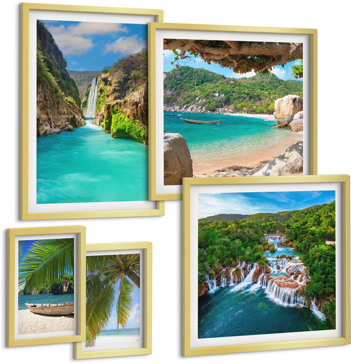 Coloray 5-Delige Schilderij Set - Tropische Landschappen Met Watervallen En Paradijselijke Stranden - 50 x 50 cm, 20 x 30 cm En 40 x 60 cm - Wanddecoratie - Muurdecoratie - Woonkamer