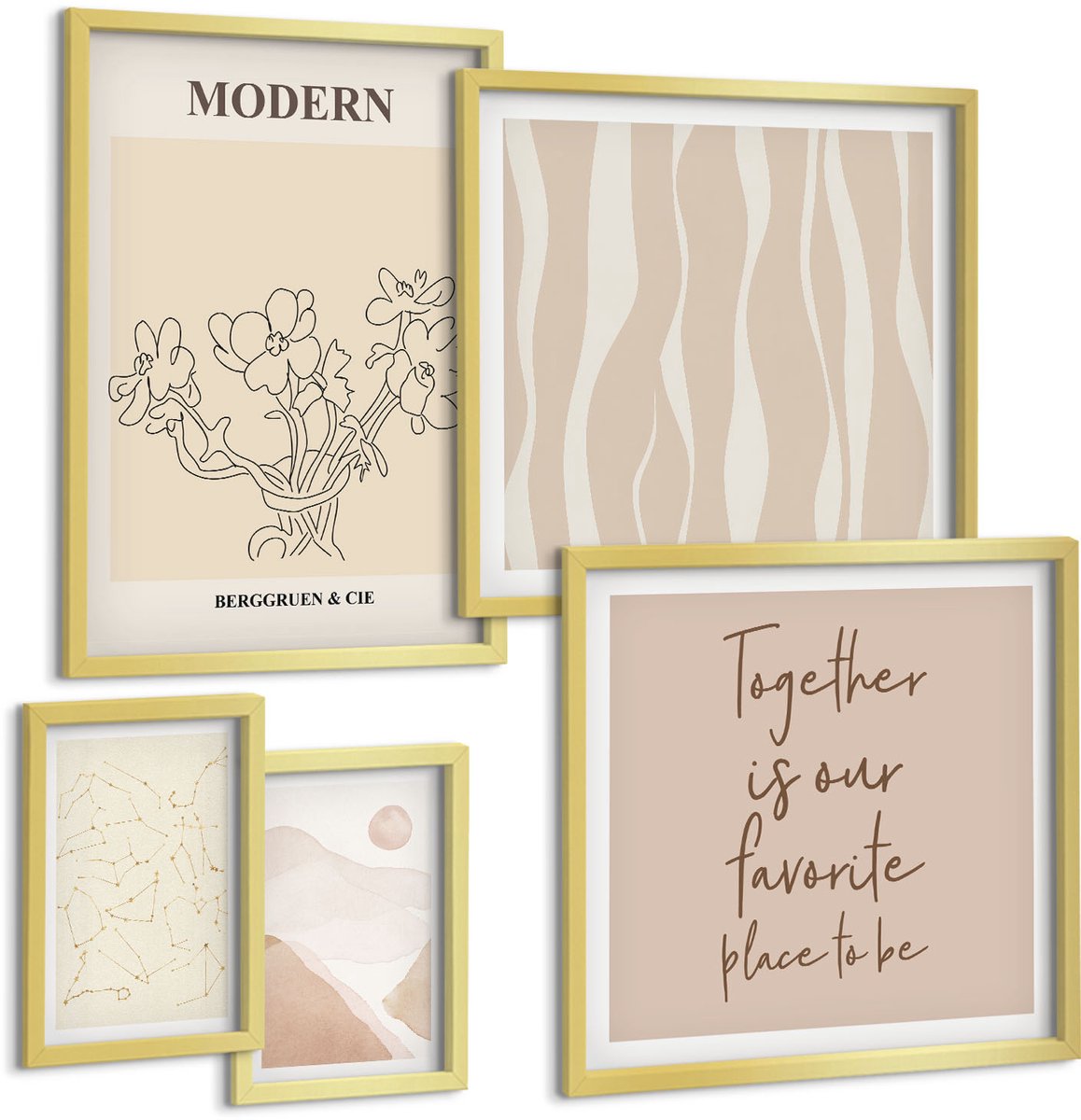 Coloray 5-Delige Schilderij Set - Moderne Minimalistische Stijlset Met Abstracte Motieven - 50 x 50 cm, 20 x 30 cm En 40 x 60 cm - Muurdecoratie - Wanddecoratie - Slaapkamer - Moderne Wanddecoratie