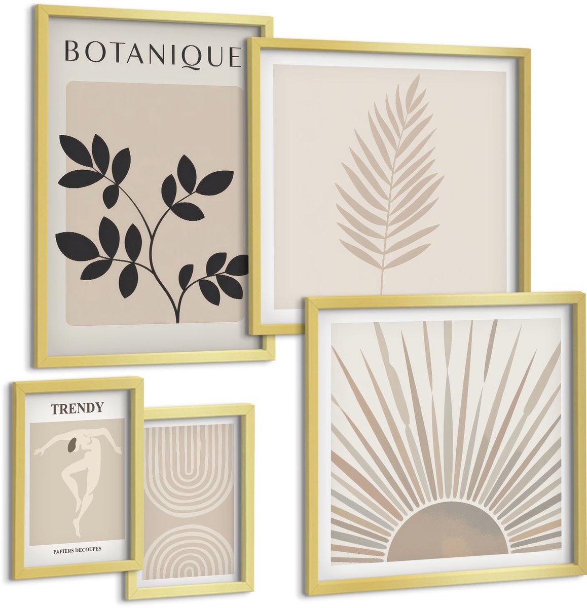 Coloray 5-Delige Schilderij Set - Stijlvolle Decoraties Met Plantaardige En Geometrische Motieven. - 50 x 50 cm, 20 x 30 cm En 40 x 60 cm - Stijlvolle Muurdecoratie - Slaapkamer - Moderne Wanddecoratie