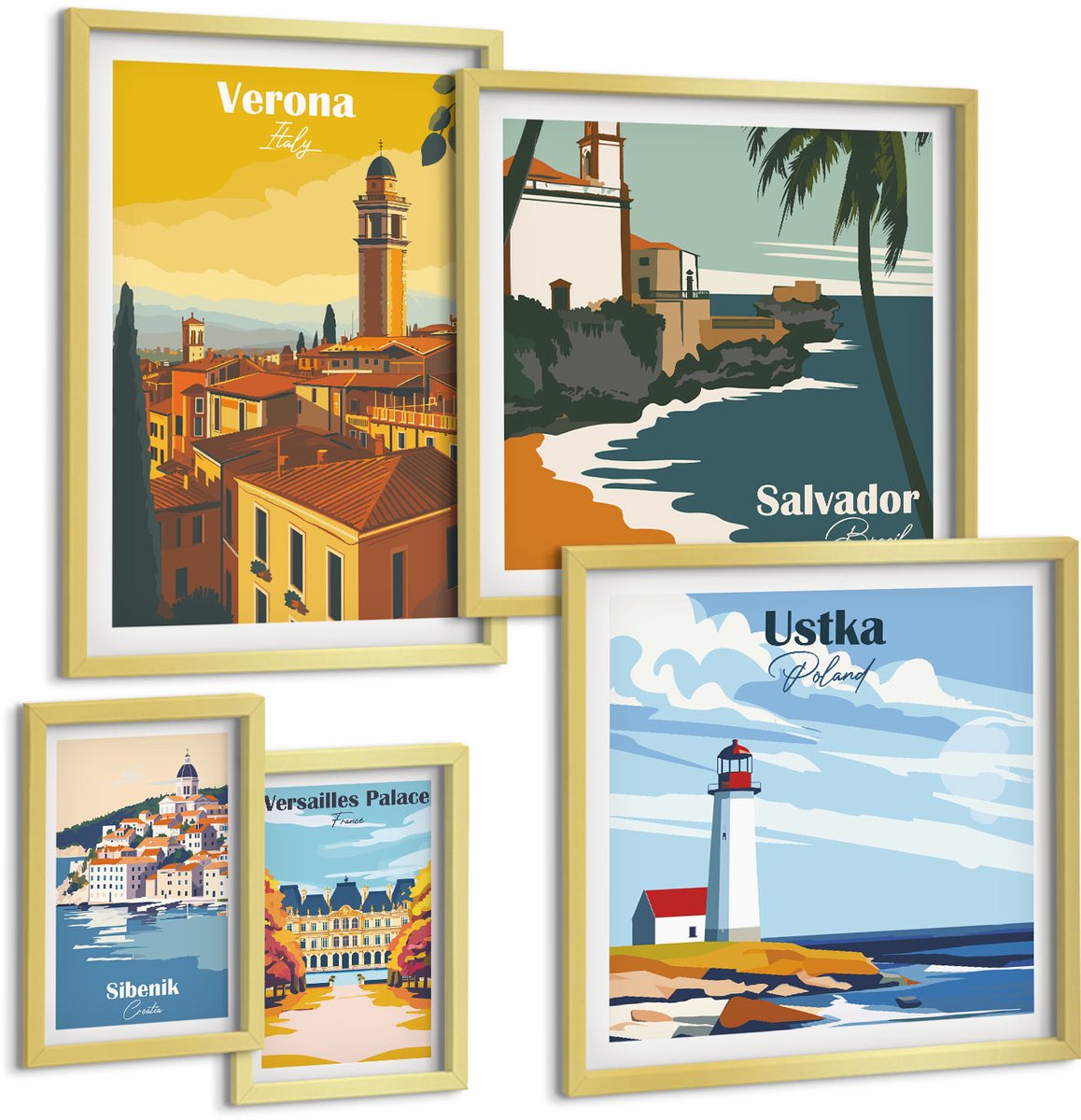 Coloray 5-Delige Schilderij Set - Landschappen Van Europese Steden Met Vuurtorens En Paleizen - 50 x 50 cm, 20 x 30 cm En 40 x 60 cm - Muurdecoratie - Decoratieve Schilderijen - Wohnzimmer - Stijlvolle Muurdecoratie