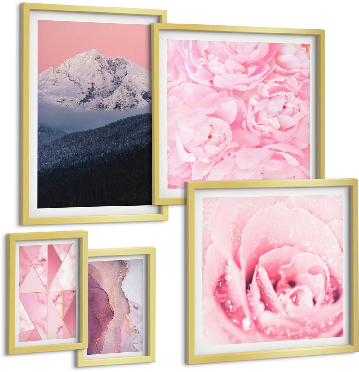 Coloray 5-Delige Schilderij Set - Roze Landschappen En Bloemen In Een Moderne Stijl - 50 x 50 cm, 20 x 30 cm En 40 x 60 cm - Schilderijen Set - Wanddecoratie - Woonkamer - Stijlvolle Muurdecoratie