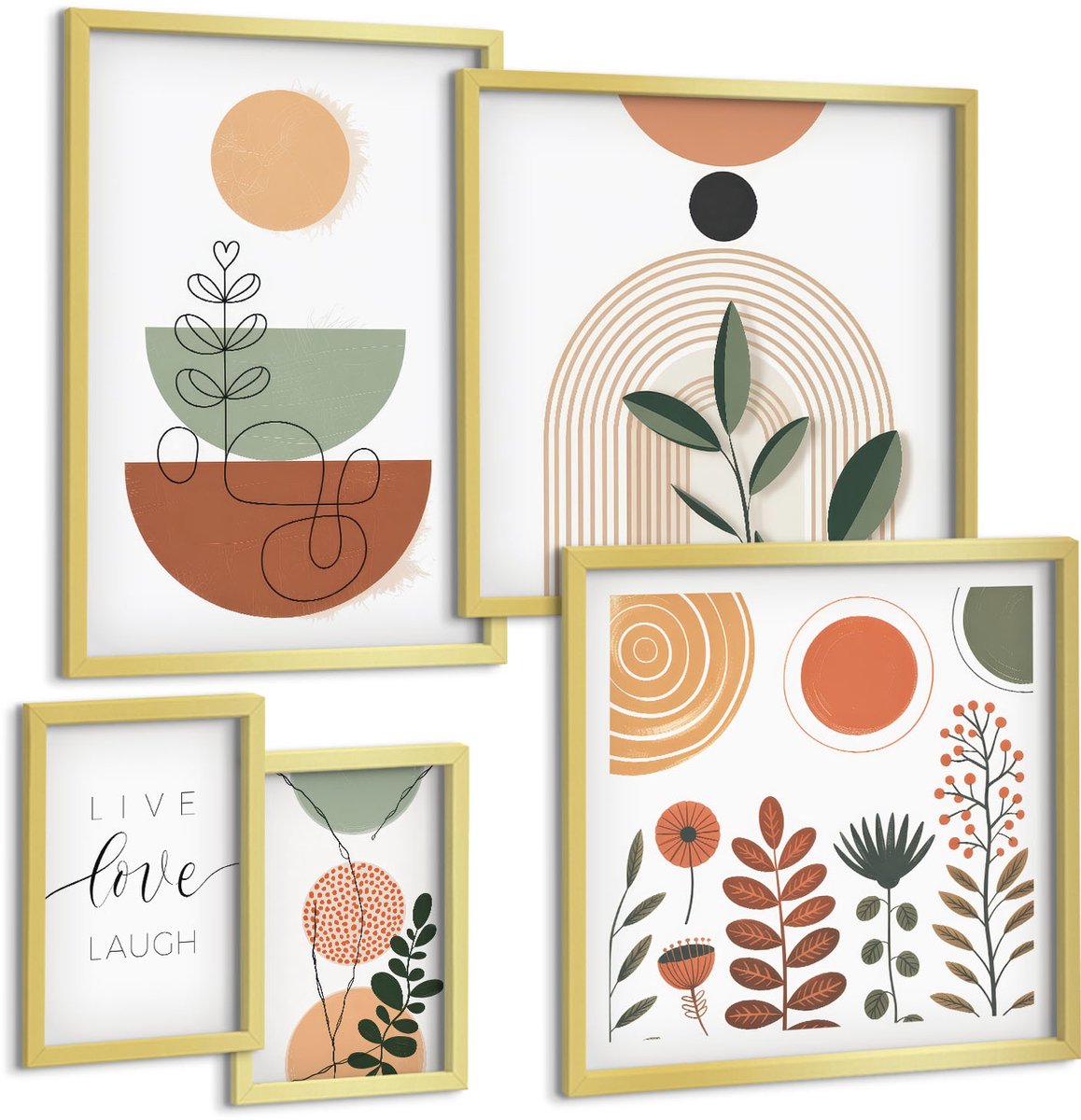 Coloray 5-Delige Schilderij Set - Stijlvolle Afbeeldingen Met Plantmotieven En Geometrische Vormen. - 50 x 50 cm, 20 x 30 cm En 40 x 60 cm - Decoratieve Schilderijen - Woonkamer - Interieur