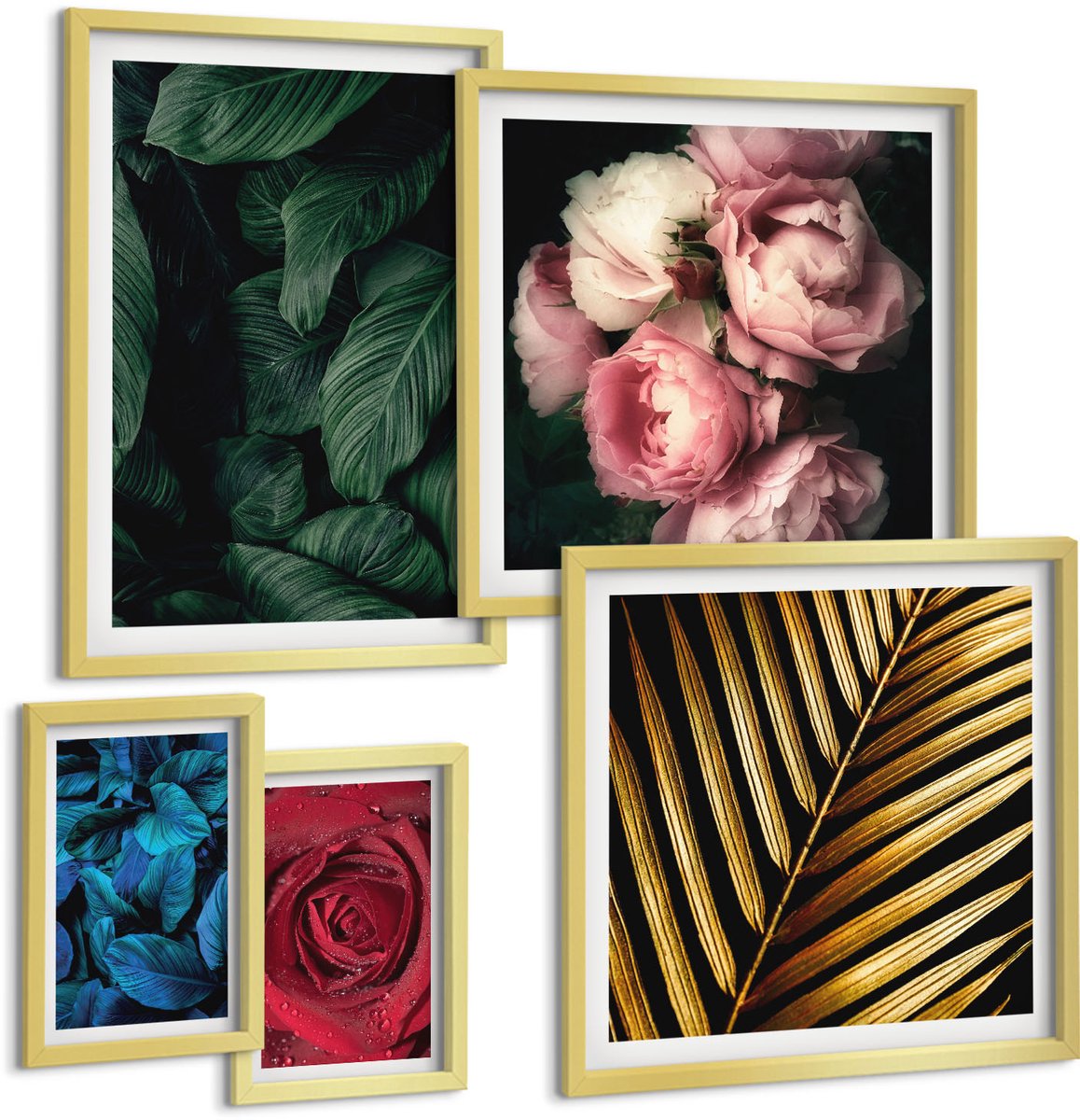 Coloray 5-Delige Schilderij Set - Plantmotieven Met Bloemen En Bladeren In Een Natuurlijke Stijl - 50 x 50 cm, 20 x 30 cm En 40 x 60 cm - Stijlvolle Wanddecoratie - Interieur - Woonkamer Decoratie