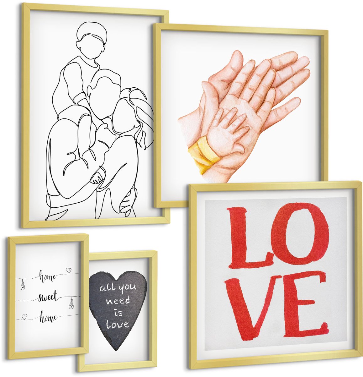 Coloray 5-Delige Schilderij Set - Familie, Liefde, Warmte, Thuis, Gelukkige Momenten. - 50 x 50 cm, 20 x 30 cm En 40 x 60 cm - Muurdecoratie - Interieur Decoratie - Moderne Wanddecoratie