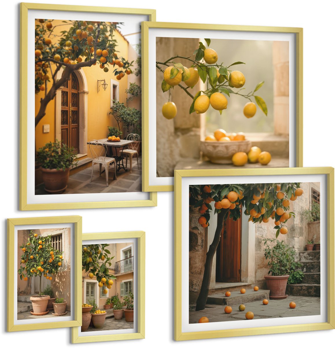 Coloray 5-Delige Schilderij Set - Citrusvruchten In Charmante Hoekjes Van De Tuin - 50 x 50 cm, 20 x 30 cm En 40 x 60 cm - Muurdecoratie - Interieur Decoratie