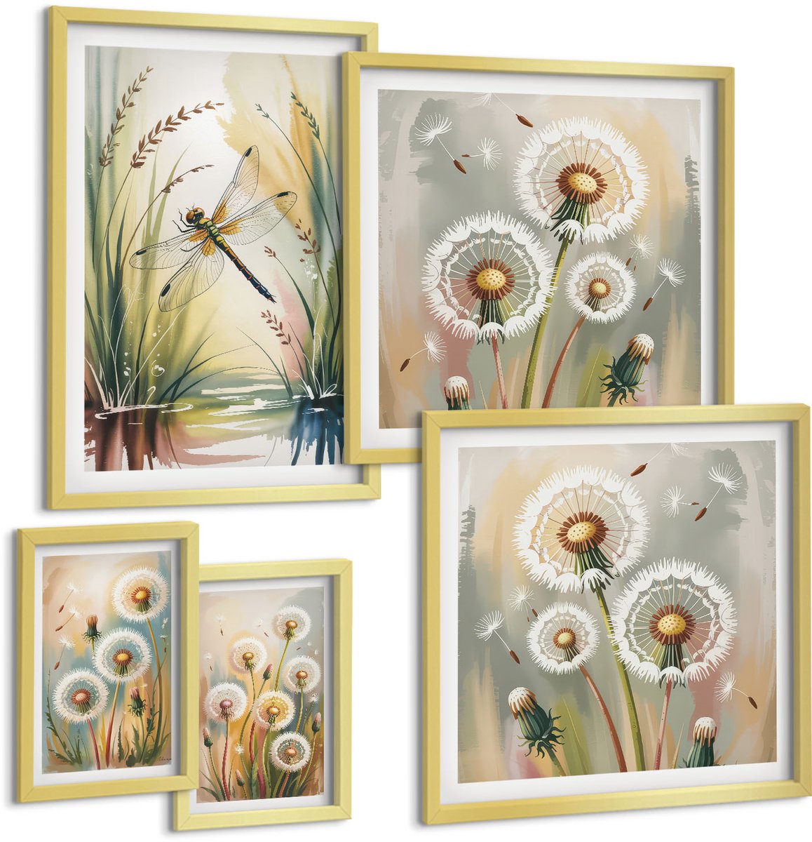 Coloray 5-Delige Schilderij Set - Bloemmotieven Met Libellen In Een Delicate, Natuurlijke Stijl. - 50 x 50 cm, 20 x 30 cm En 40 x 60 cm - Wanddecoratie - Muurdecoratie - Woonkamer