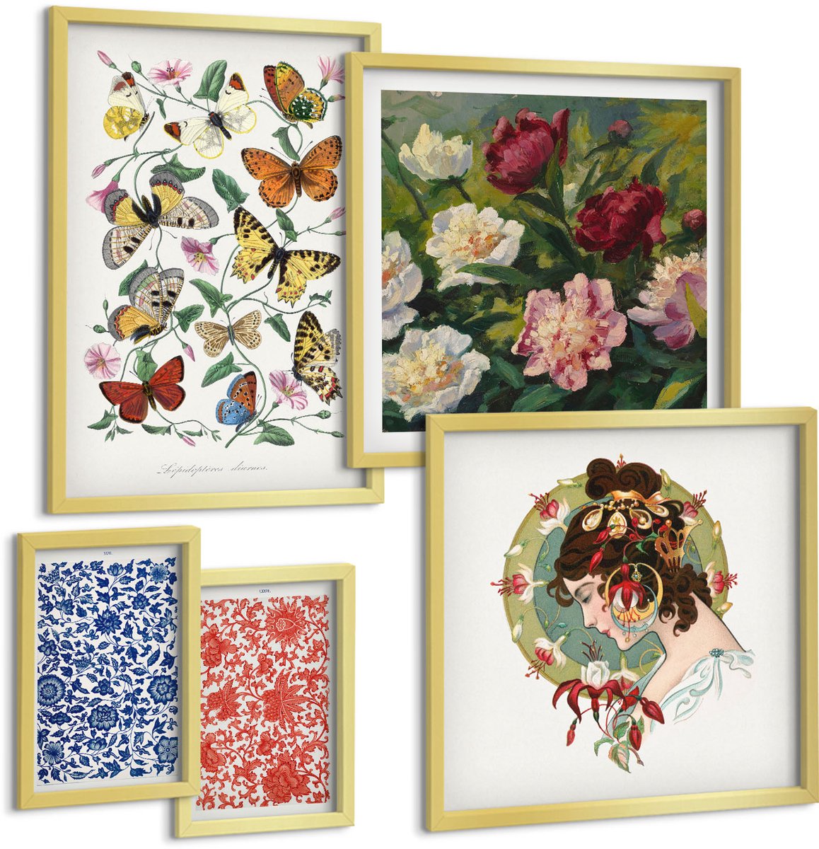 Coloray 5-Delige Schilderij Set - Vintage Decoraties Met Bloemmotieven En Vlinders - 50 x 50 cm, 20 x 30 cm En 40 x 60 cm - Stijlvolle Muurdecoratie - Kantoor - Wanddecoratie