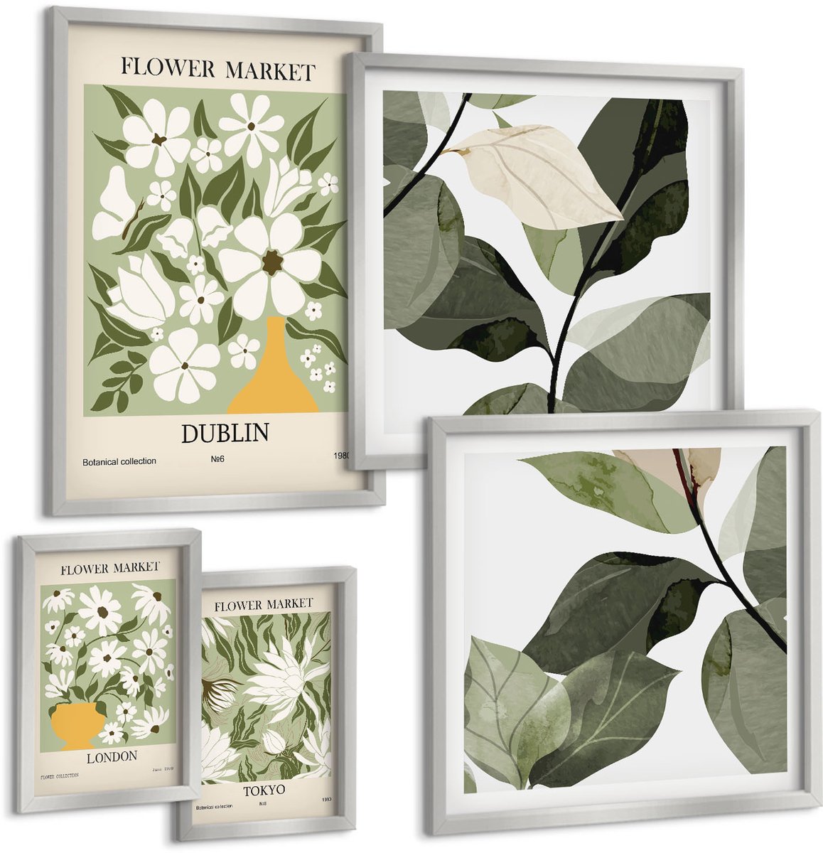 Coloray 5-Delige Schilderij Set - Abstracte Patronen Met Plantenaccenten In Neutrale Tinten. - 20 x 30 cm - Wanddecoratie - Moderne Interieurdecoratie