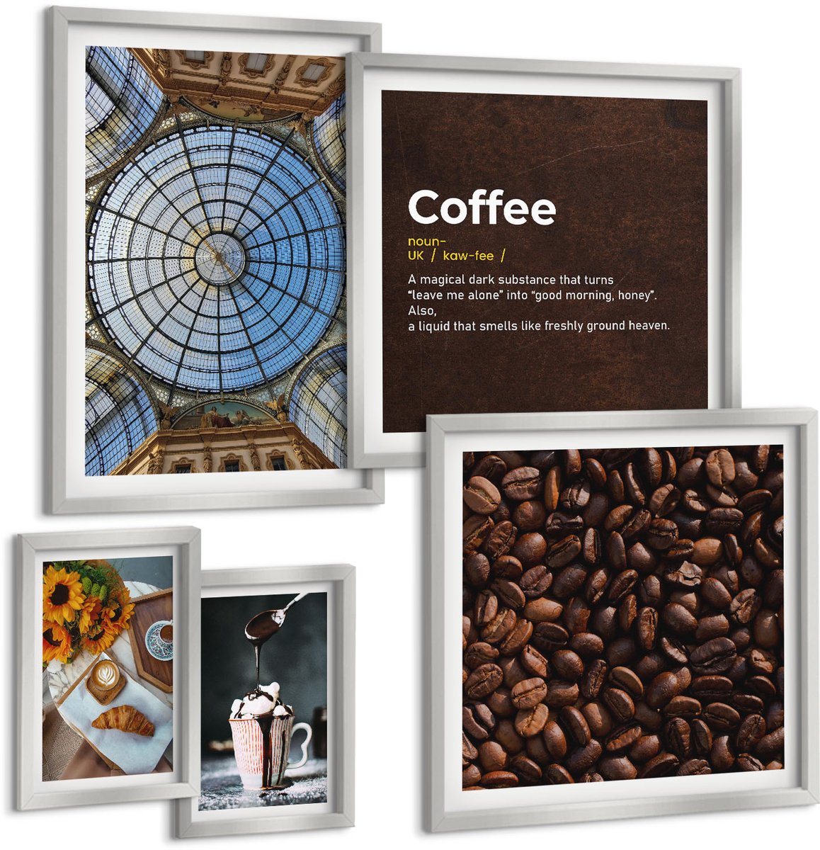 Coloray 5-Delige Schilderij Set - Definitie Van Een Drankje Met Slagroom En Koffiebonen - 20 x 30 cm - Moderne Wanddecoratie - Woonkamer - Muurdecoratie