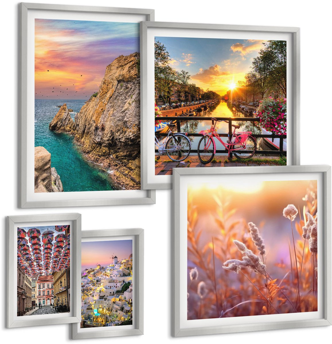 Coloray 5-Delige Schilderij Set - Uitzicht Op Zee Met Zonsondergang En De Stad - 20 x 30 cm - Muurdecoratie - Decoratieve Schilderijen - Wohnzimmer - Stijlvolle Muurdecoratie