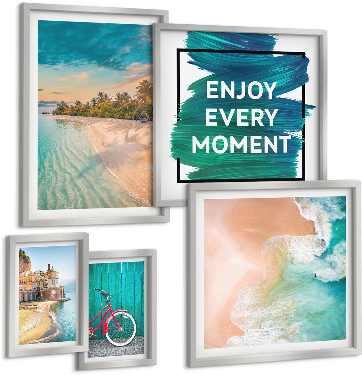 Coloray 5-Delige Schilderij Set - Zeezicht Met Boot En Fiets, Inspirerende Belettering - 20 x 30 cm - Muurdecoratie - Wanddecoratie - Hal - Interieur Decoratie