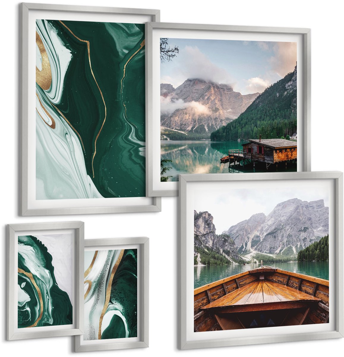 Coloray 5-Delige Schilderij Set - Bergen Met Een Waterval, Vogels In Vlucht En Kleurrijke Bloemen - 20 x 30 cm - Wanddecoratie - Moderne Interieurdecoratie