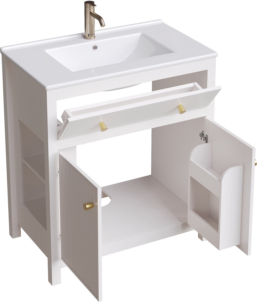 Vrijstaand Badkamermeubel 81 cm - Wastafelonderkast Met Keramische Wastafel - Wastafelmeubel - 81x46,5x86,5 cm - Opbergruimte - Badkamer Wit