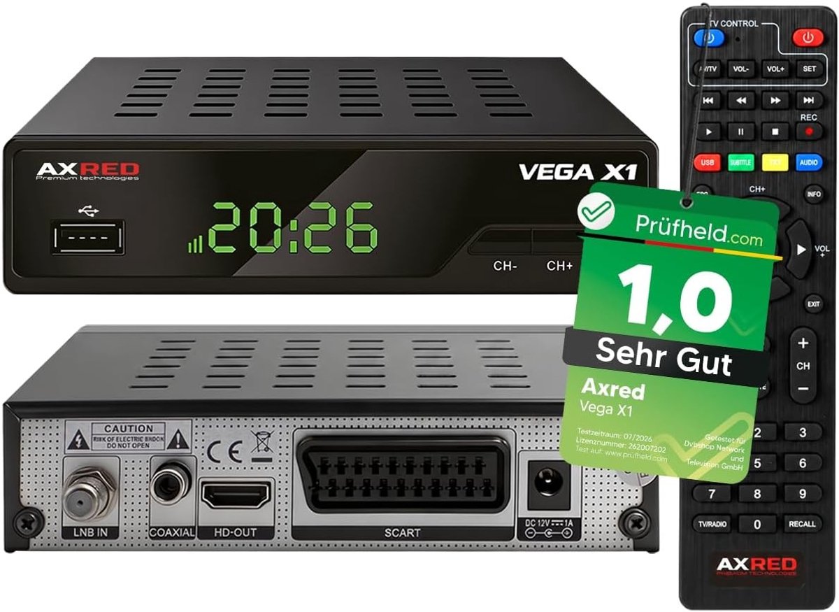 Satellietontvanger - AXRED VEGA X1 - HD - Digitale Ontvanger met Opnamefunctie - Voor Thuisgebruik