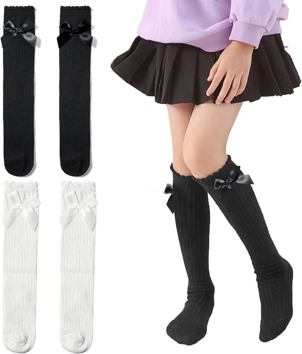 Kniekousen met strik, lange schattige strik, kindersokken, 40 cm, voor meisjes, schooluniform voor meisjes van 6-12 jaar, zwart-wit, One size