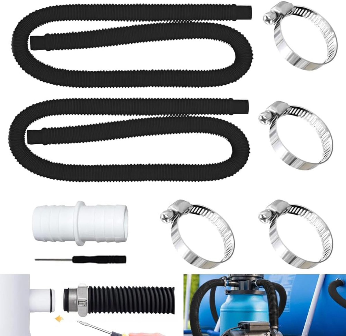 2 Stuks Slang voor Zwembad,32 Mm,met 4 Stuks Veiligheidsclips en 1 Slangaansluiting,Zwembadslang,Slang voor Zwembadpomp,voor Filterpomp en Zwembad (C)