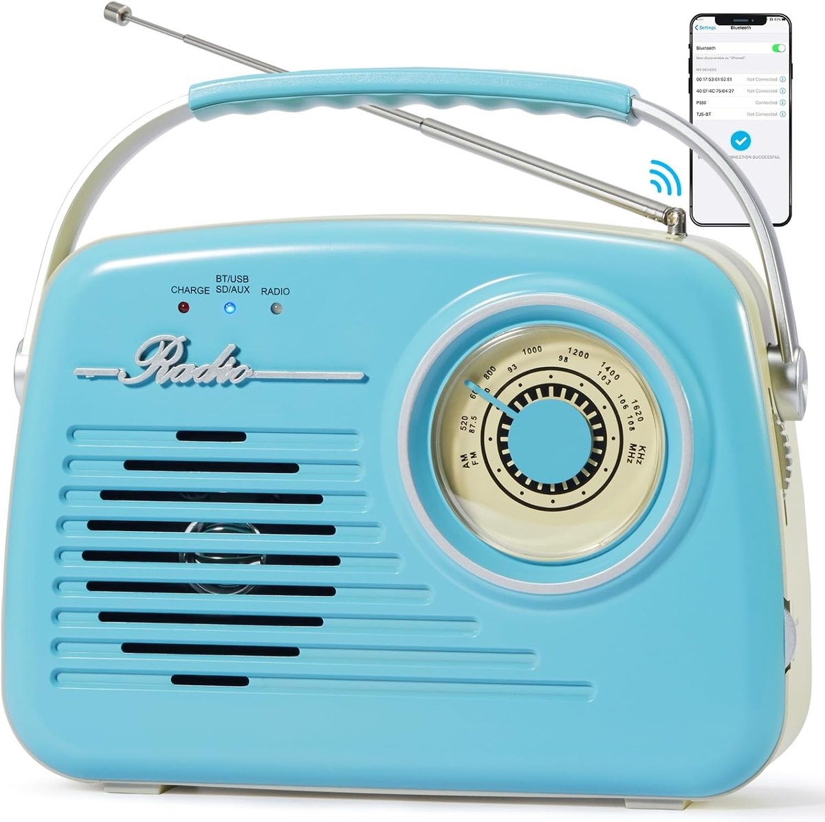 Draagbare Retro Radio - Blauw - Multifunctionele Bluetooth Speler met AA-batterijen - Voor Thuis en Buiten