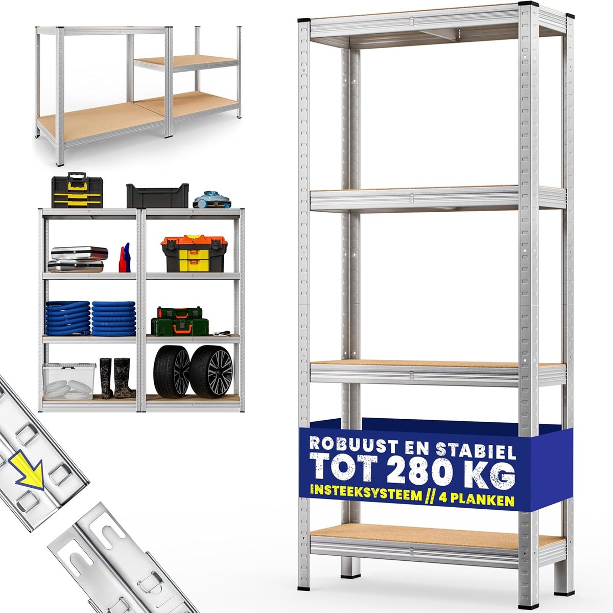 Opbergrek 170x75x30cm 280kg 4 MDF Planken Stellingkast Kelderkast Plug-in Werkbank | Schuur Rekken, Gegalvaniseerd Staal, Metalen Rekken, Opslag Planken, Magazijn, Schuur Rack, Werkplaats Bank, Garage Opslag