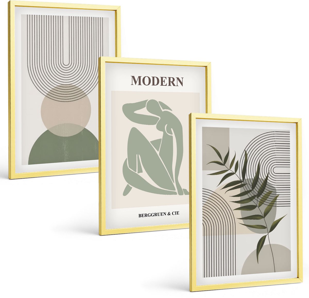 Coloray 3-Delige Schilderij Set - Stijlvolle Afbeeldingen Met Abstracte Vormen En Planten. - 40 x 40 cm En 40 x 60 cm - Moderne Wanddecoratie - Woonkamer