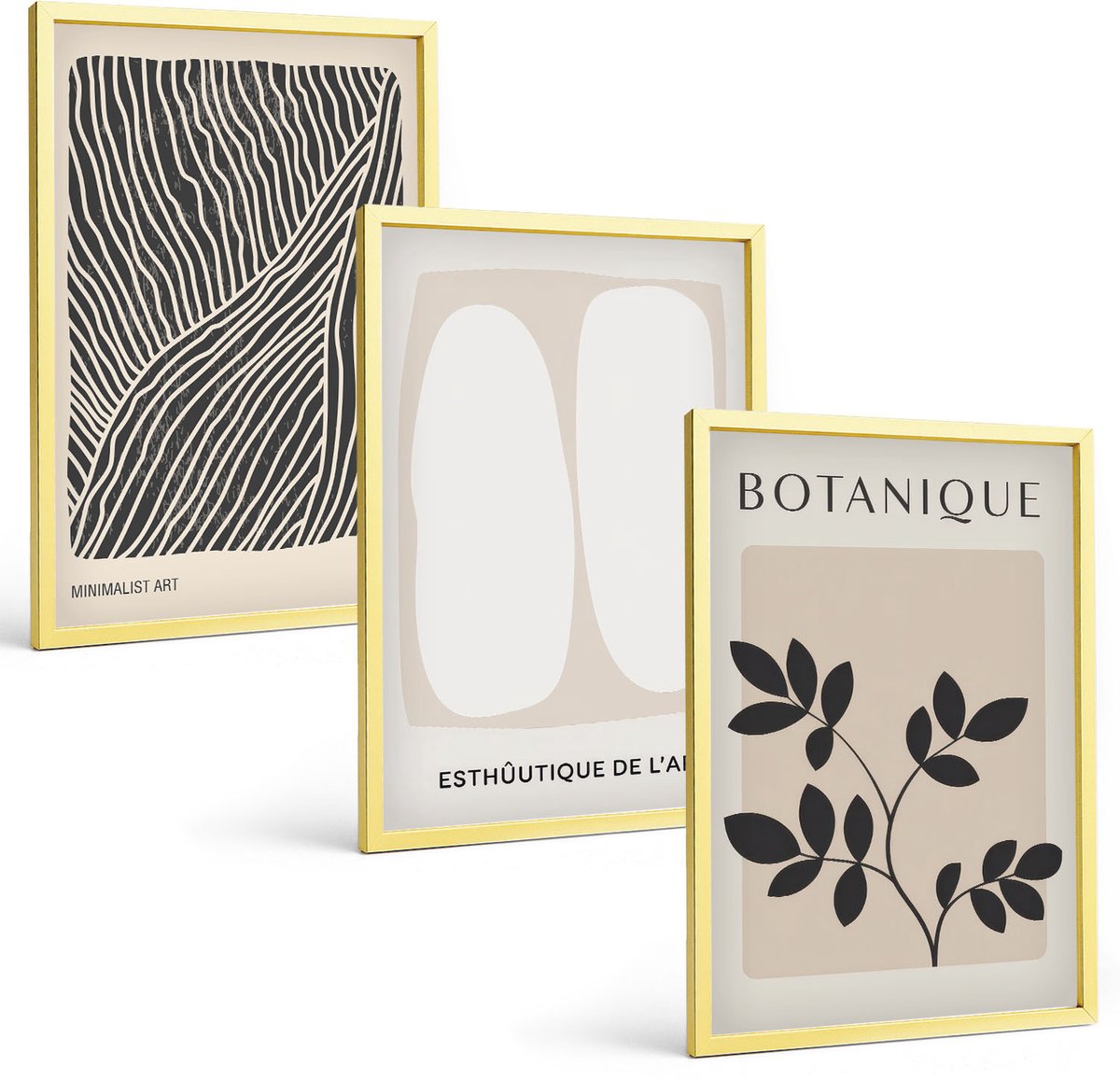 Coloray 3-Delige Schilderij Set - Bloemenpatronen En Minimalistische Lijnen In Neutrale Kleuren. - 40 x 40 cm En 40 x 60 cm - Decoratieve Schilderijen - Woonkamer - Interieur - Interieur Decoratie