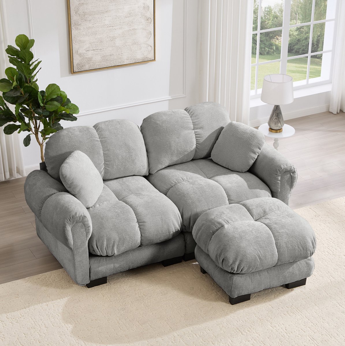 REDOM - Hoekbank - L-vormig modulair design met mobiele ottomane - Gesteepte zitkussens - Chenille bekleding - Woonkamer - 190 x 149 x 90 cm