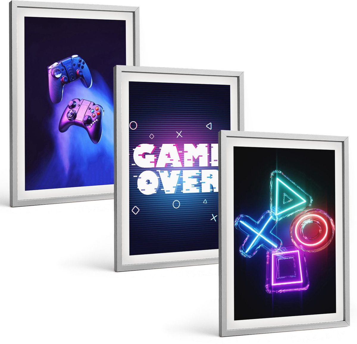 Coloray 3-Delige Schilderij Set - Gamepads Game Over-Inscriptiepictogrammen - 40 x 60 cm - Stijlvolle Muurdecoratie - Slaapkamer - Interieur Decoratie