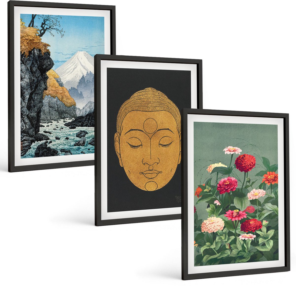 Coloray 3-Delige Schilderij Set - Japanse Natuur En Cultuur In Japandi-Stijl - 40 x 60 cm - Muurdecoratie - Schilderijen Set - Woonkamer - Stijlvolle Muurdecoratie