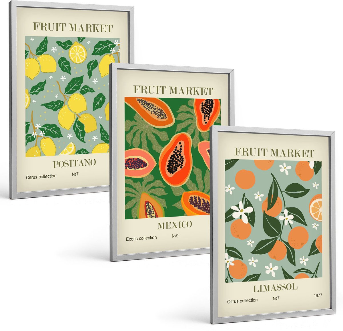 Coloray 3-Delige Schilderij Set - Fruitposters Citroenen Papaja'S Mandarijnen Bloemen - 40 x 60 cm - Wanddecoratie - Schilderijen Set - Interieur - Decoratieve Schilderijen