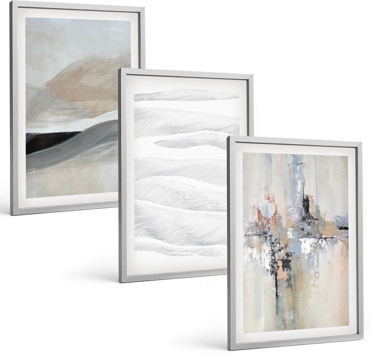 Coloray 3-Delige Schilderij Set - Abstracte Patronen In Neutrale Aardetinten - 40 x 60 cm - Wanddecoratie - Woonkamer Decoratie