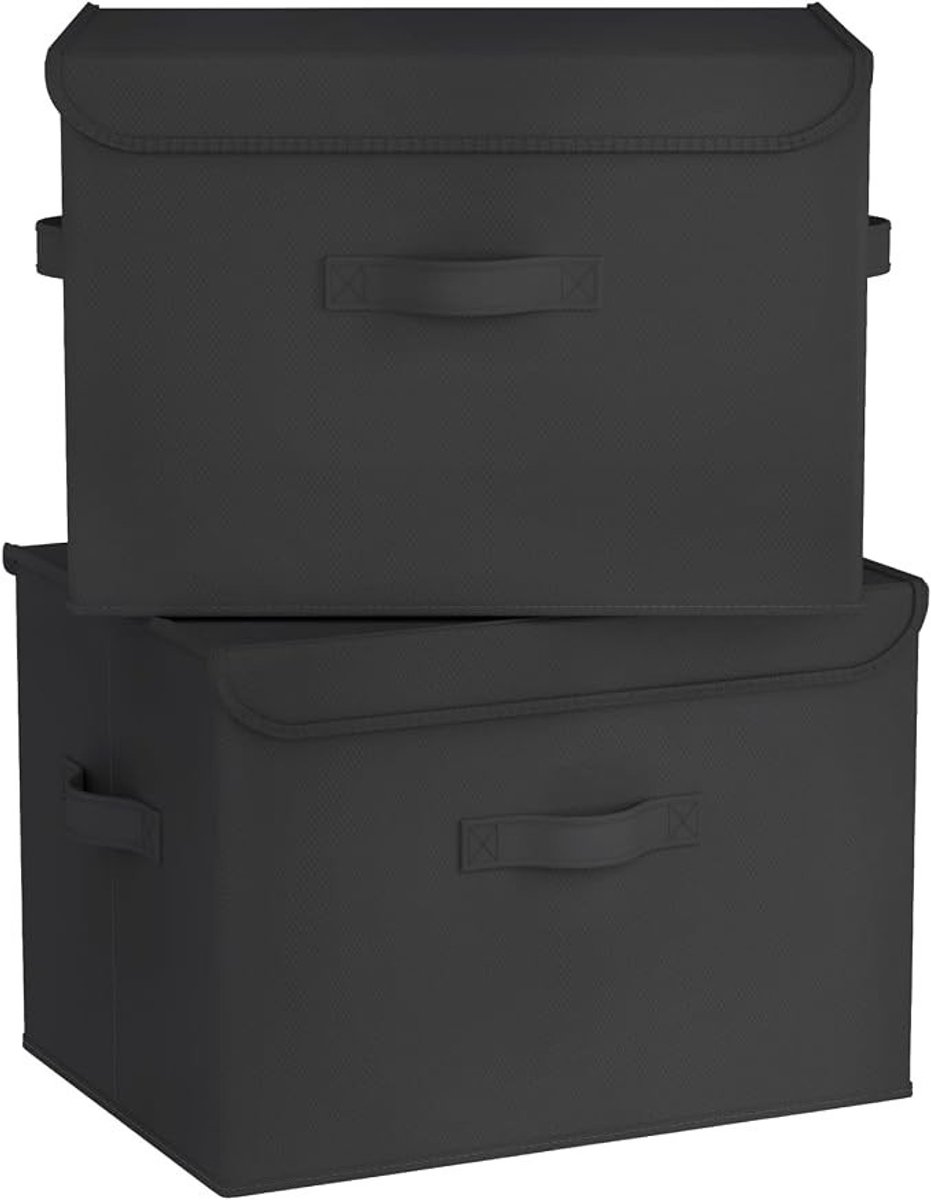 PolkaHome Opbergdozen met deksel, set van 2 opvouwbare stoffen opbergmanden, zwart, 42 x 30 x 30 cm