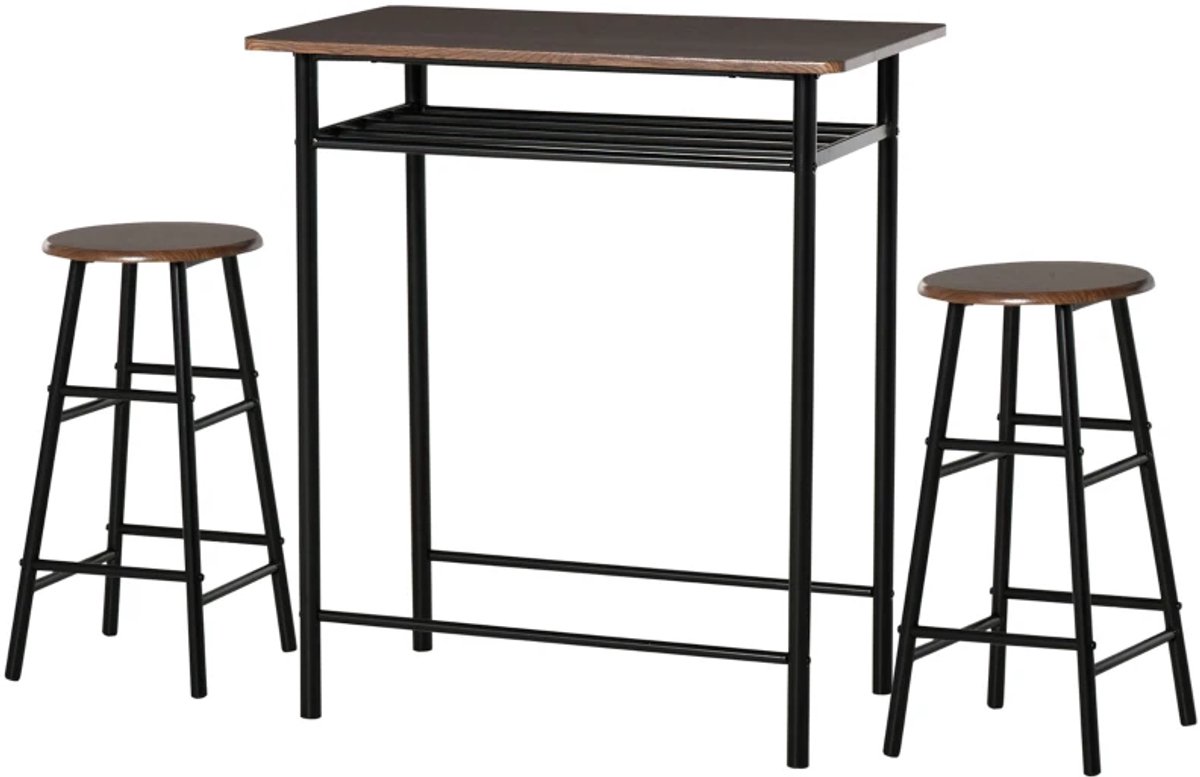 Eethoek - Badkamerset - 3-delig - Tafel En 2 Krukken - Met Plank - Industrieel Design - Zwart En Eiken