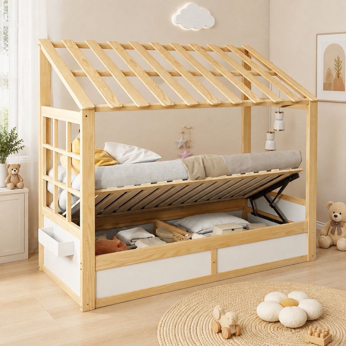 REDOM - Hoogslaper - Huisvorm met dak en ramen - Hydraulische opbergruimte - Lattenbodem - Kinderkamer - Hout, MDF en metaal - Wit - 90 x 200 cm