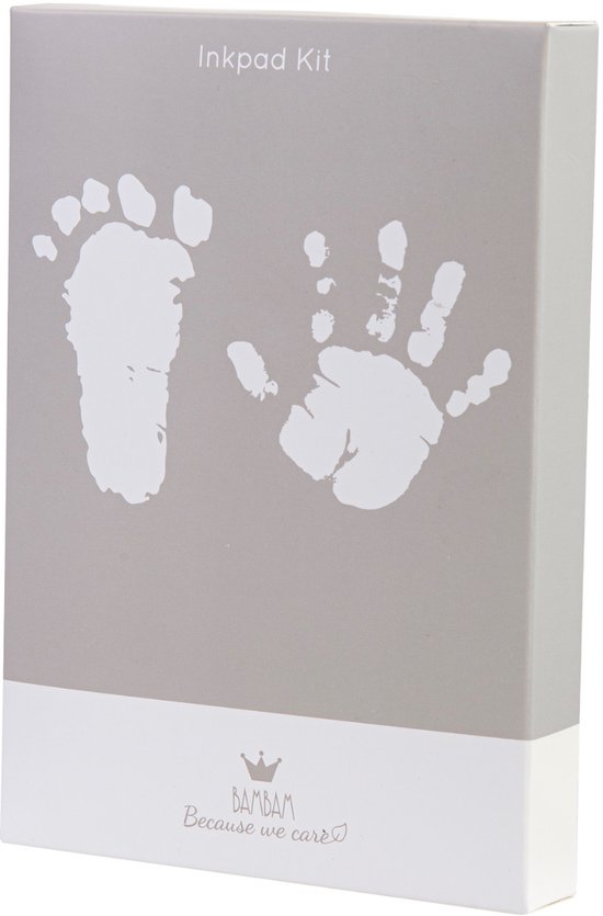 Boîte BAMBAM avec le texte 'Inkpad Kit' et des empreintes de main et de pied de bébé.