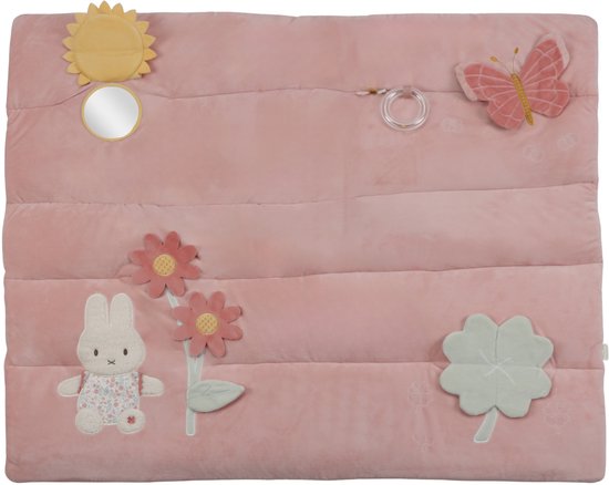 Roze boxkleed met Nijntje, vlinder, zon met spiegel, bloemen en klavertje vier.