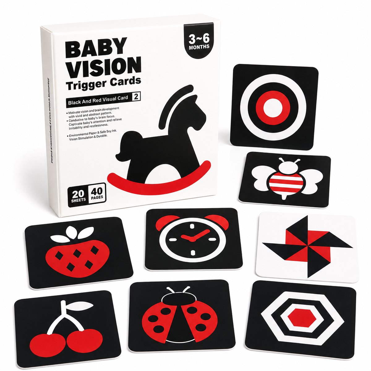 Baby Zwart Rood Kaarten - Contrastkaarten - 20 Kaarten - 3-6 Maanden