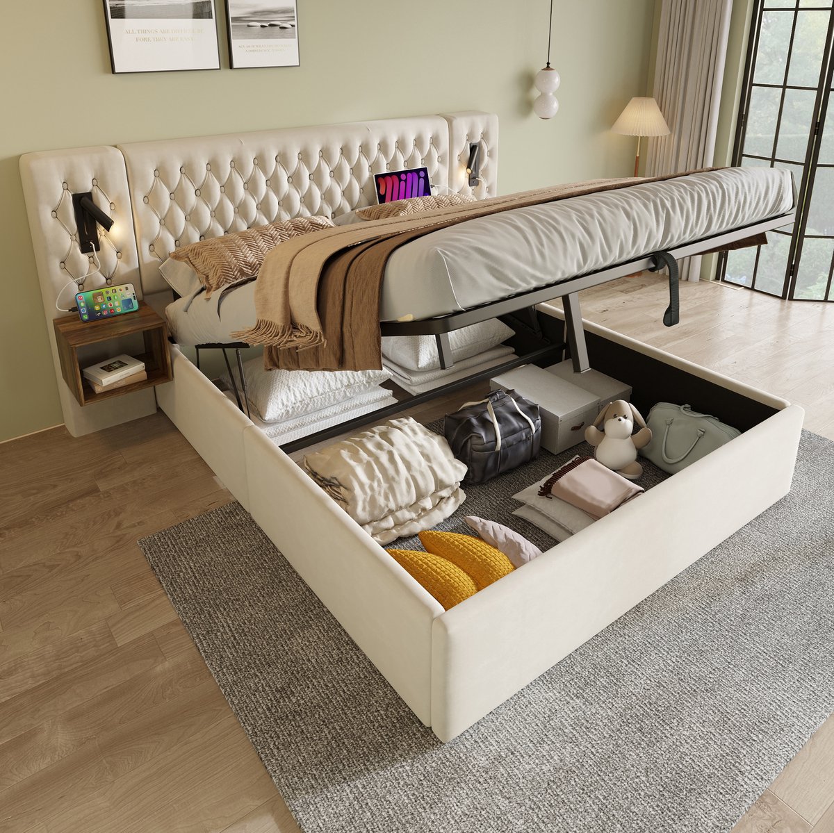 FloraGrace Tweepersoons Bed 180x200 Cm - Opbergbed Met Hydraulische Functie En Verlichting - Met 2 Nachtkastjes - Stof - Beige - Zonder Matras