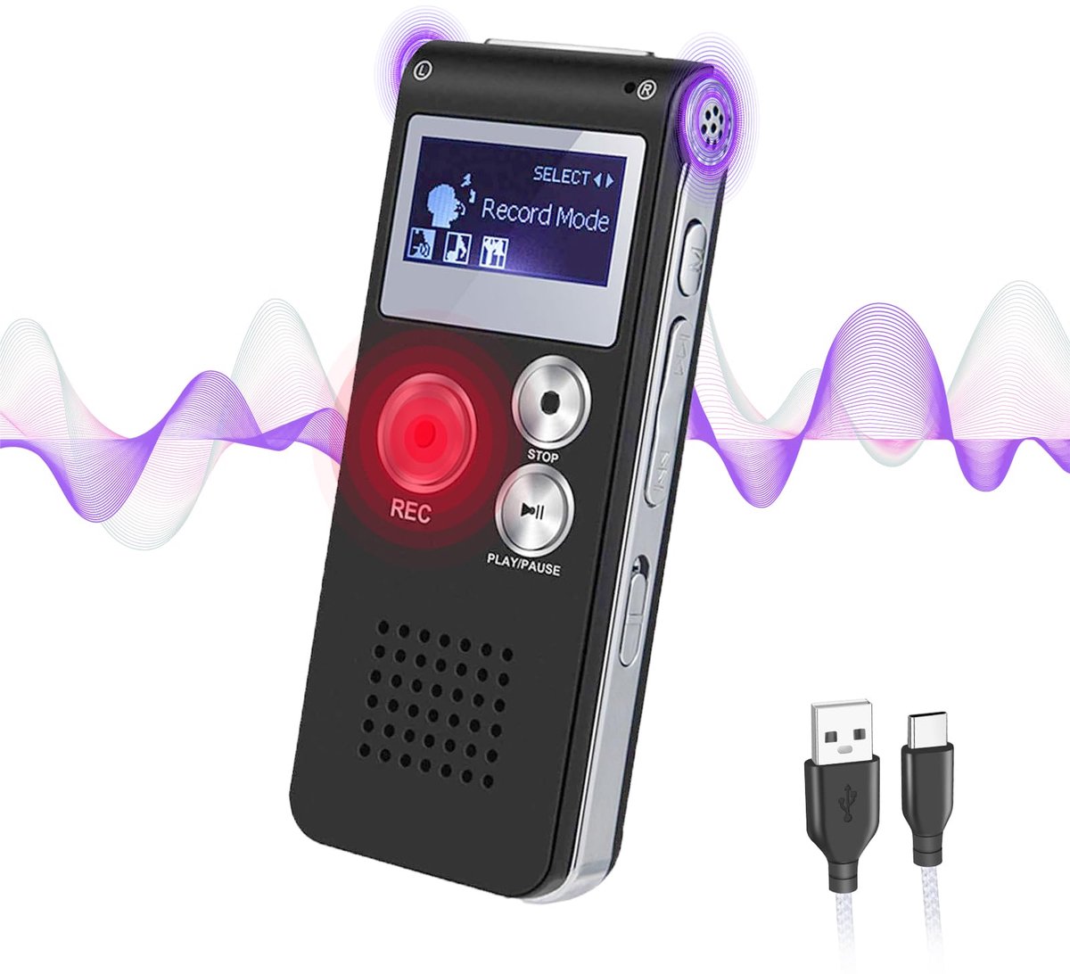 Digitale dicteermachine, 64 GB, spraakactivering, HD audio-recorder, 1536 kbps, draagbaar, MP3 voor - ShopVlot