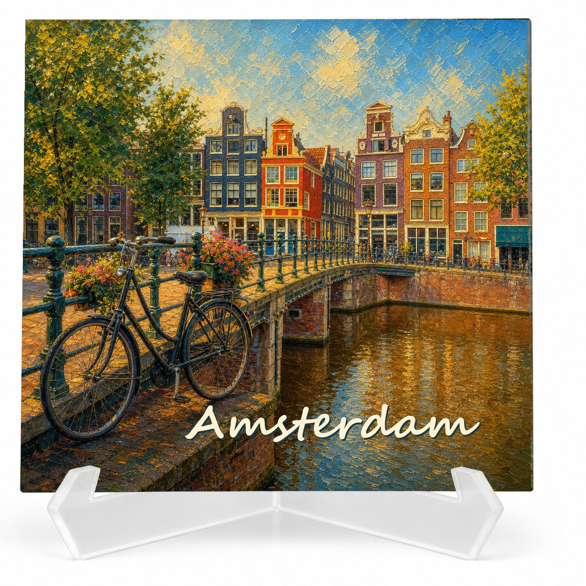 Kleurmedia Tegeltje Amsterdam – Gracht Panden Fiets – Keramiek 15 x 15 cm – Inclusief transparante houder – Souvenir