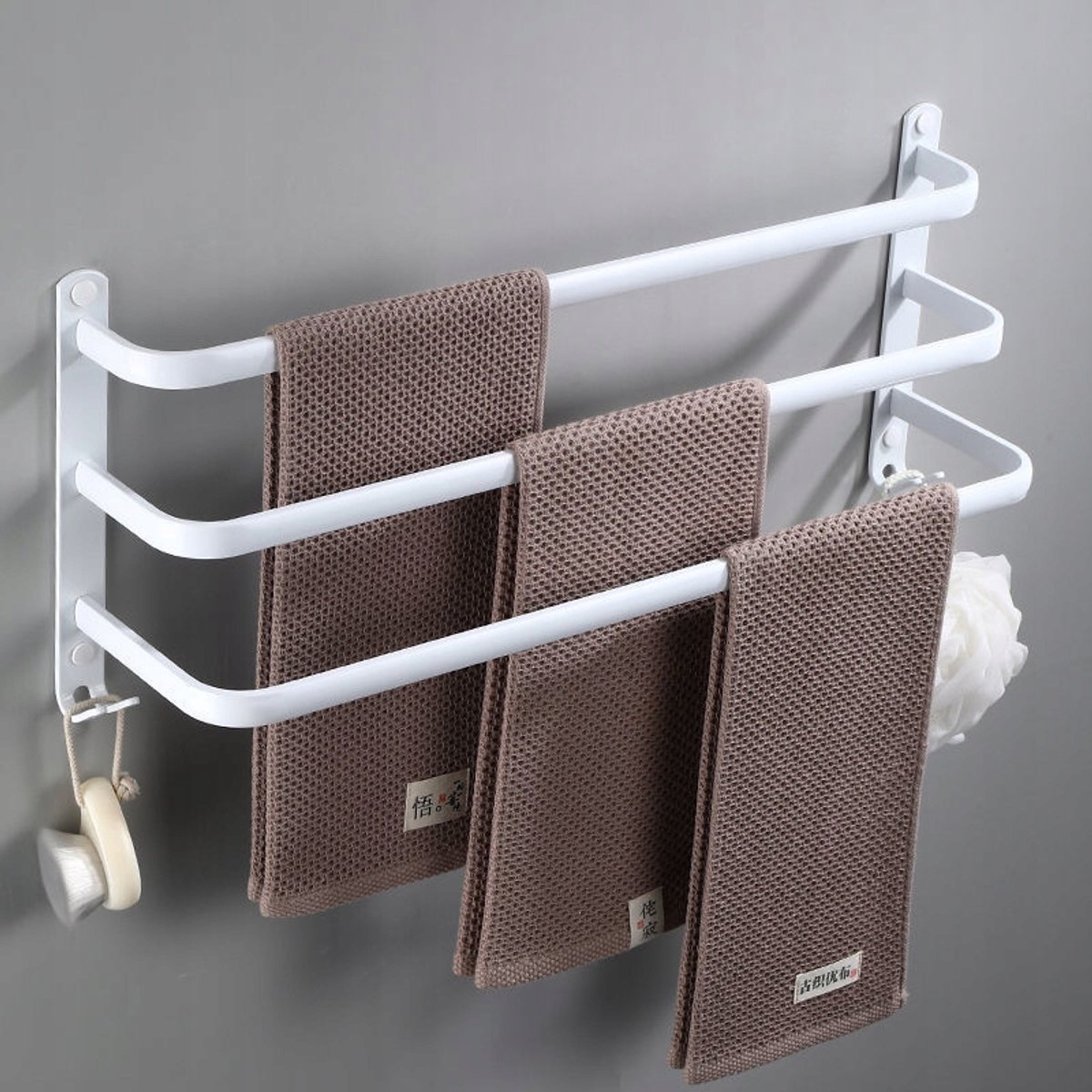 Witte Wandrek voor Handdoeken 60cm met Haken - Zonder Boren