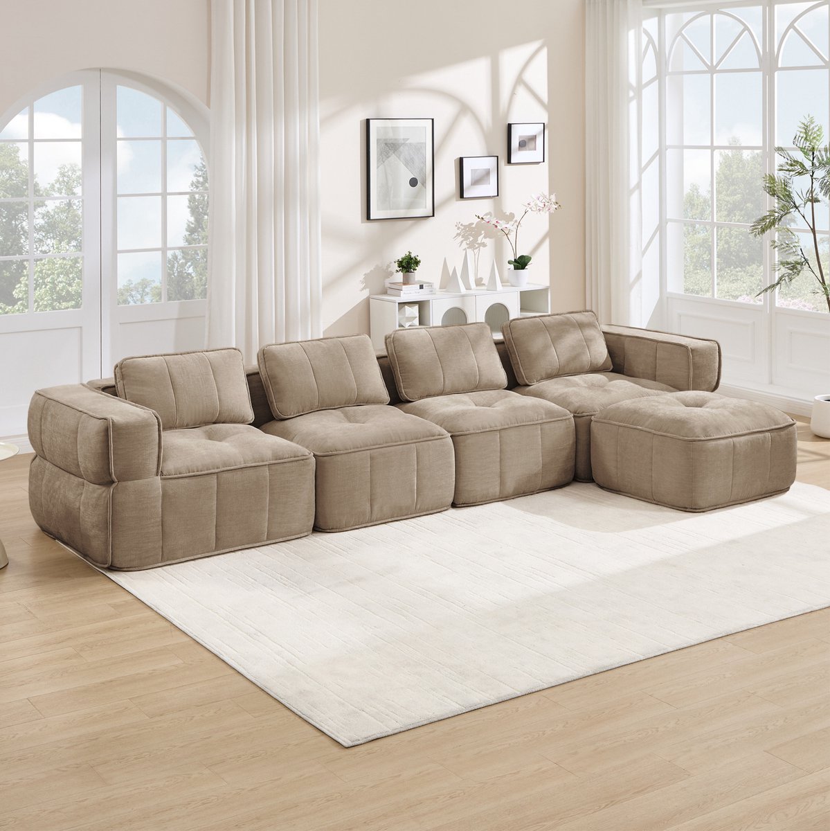REDOM - Hoekbank - L-vormig modulair ontwerp - Met poef - 32D-schuimvulling - Polyester - Sand - 344 x 162 x 67 cm - Woonkamer